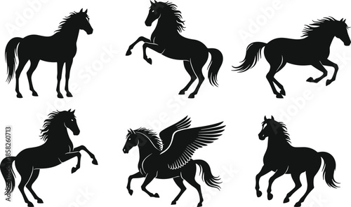 Horse silhouette, galloping horse, rearing horse, prancing horse, Pegasus silhouette, winged horse, animal vector, black silhouettes, equestrian clipart, mythical horse, 