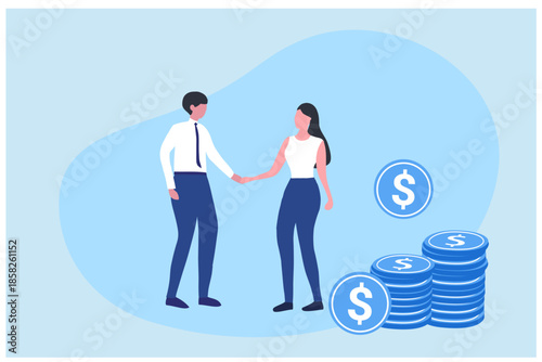 Two business people handshake on pile of money, good deal and agreement for business vector illustration