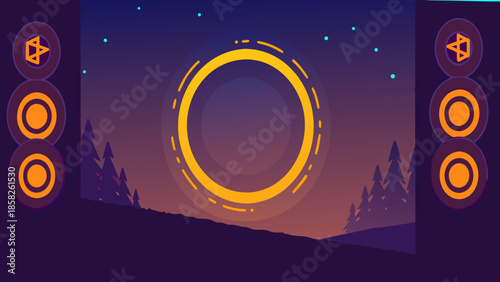 Retro sci fi portal illustration with yellow ring, stars, and mountains at sunset, futuristic