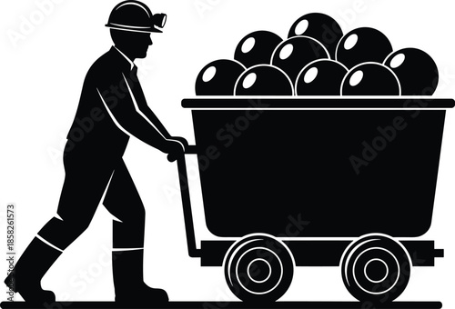 Miner silhouette, mining cart, industrial worker, ore transport, mining gear, helmet lamp, black silhouettes, editable vector, labor icon, mining scene, underground work, mining illustration, 