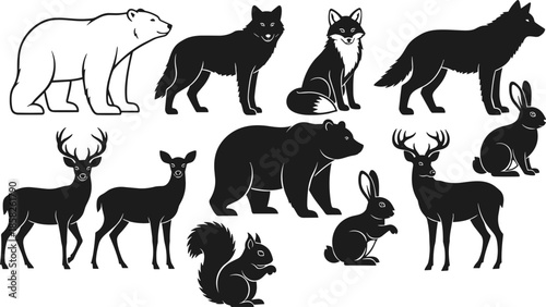 Polar bear silhouette, wolf silhouette, fox silhouette, deer silhouette, rabbit silhouette, squirrel silhouette, forest animals, woodland vector, wildlife clipart, , tundra creatures, 