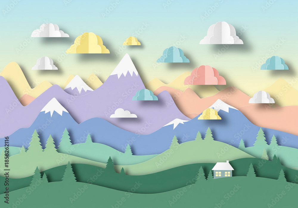 Fototapeta premium Serene mountain landscape with colorful clouds and cozy house