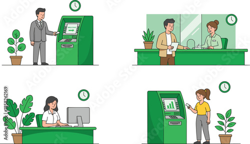 Modern banking service scenes showing ATM usage, teller assistance, customer support, financial transactions, office work, and time efficient money management