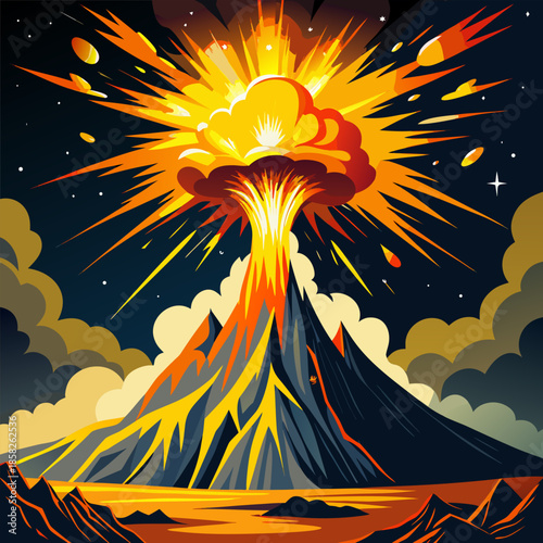 A powerful volcanic eruption sends fiery plumes and lava into the night sky