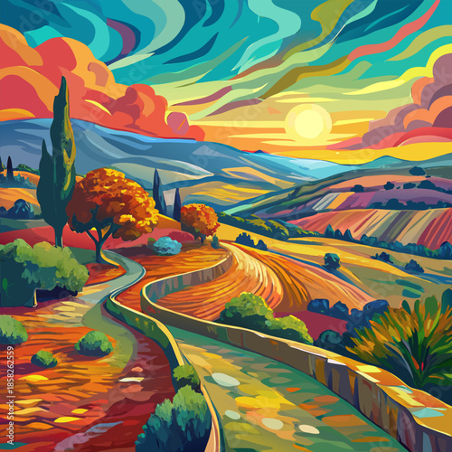 A vibrant landscape painting featuring a winding road and colorful sunset