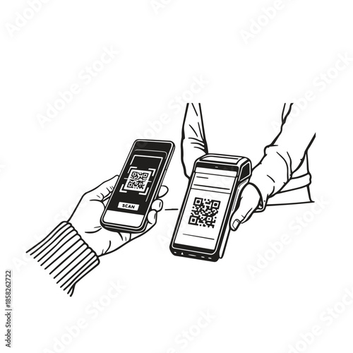clean line art vector illustration of a mobile qr code scan for contactless digital payment