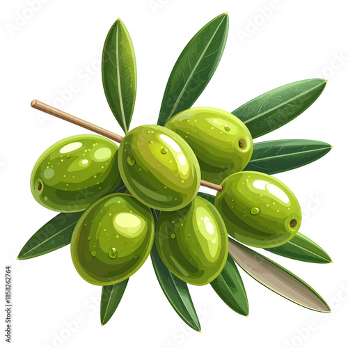 A realistic digital illustration of green olives on a branch with leaves, against a black backdrop