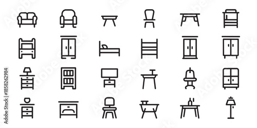 Collection of minimalist furniture line icons including sofa chair table bed and wardrobe