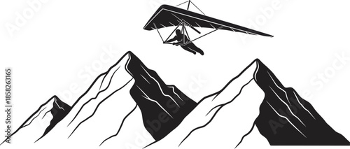 Minimalist silhouette vector illustration of a hang glider pilot soaring above jagged mountain peaks. Striking silhouette graphic captures the adventurous spirit of extreme aerial sports and flight.