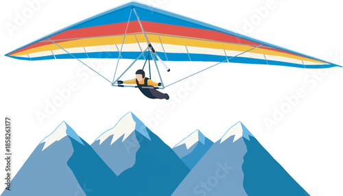 Vibrant vector illustration of a hang glider soaring above snow-capped blue mountain peaks. Dynamic flat design graphic captures the essence of extreme aerial sports, freedom, and outdoor adventure.