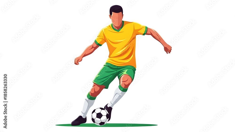 Fototapeta premium Dynamic Faceless Football Player Dribbling Soccer Ball in Brazilian Colors Vector Illustration