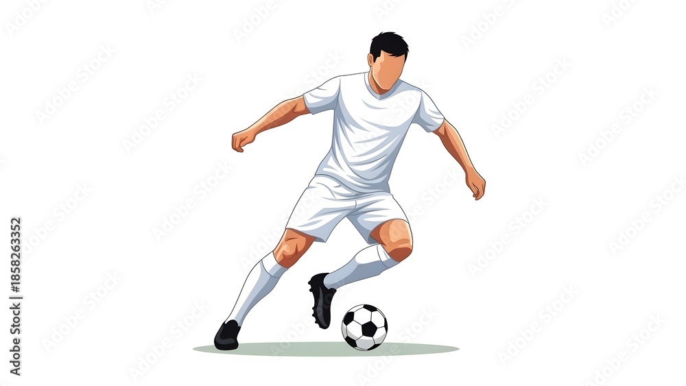 Obraz premium Faceless Football Player Dribbling Soccer Ball in All-White Kit Vector Illustration