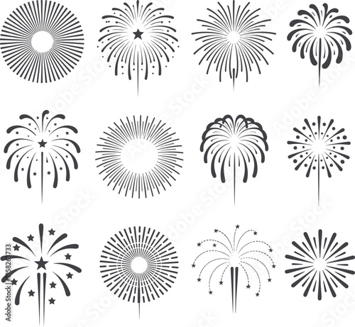 Black and white fireworks in various patterns celebration