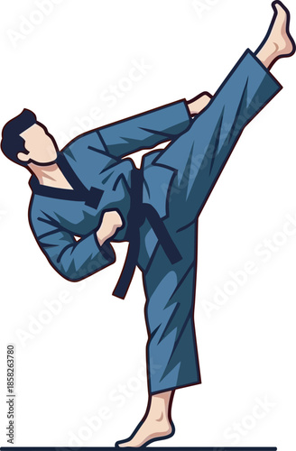 Dynamic vector illustration of a martial artist performing a high side kick. The figure wears a traditional blue martial arts uniform and black belt, capturing the power and discipline of combat sport