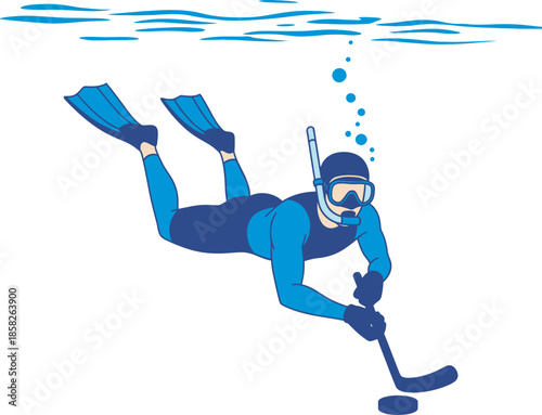 Unique world of underwater hockey. Illustration shows a diver in full gear-fins, mask, and snorkel—using a short stick to play a puck on the pool floor. Perfect for sports fans.