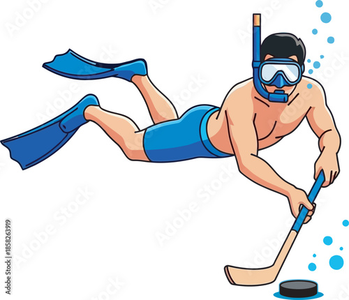 Dynamic illustration of an underwater hockey player equipped with a mask, snorkel, and fins. The athlete maneuvers a puck with a stick, showcasing the intensity of this unique aquatic team sport.