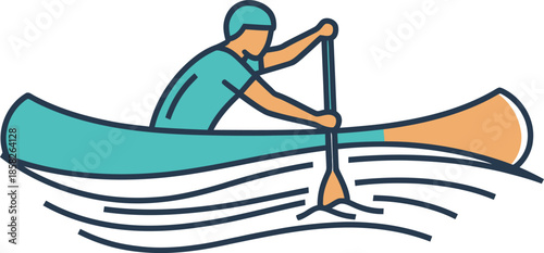 Minimalist rowing illustration. A sleek teal and orange graphic featuring a determined paddler in a canoe, perfect for sports branding, outdoor adventure, and water sports.
