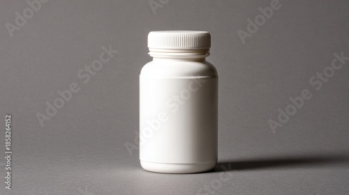 An empty white plastic bottle with a screw top cap sits on a neutral gray background,