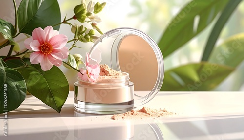 A cosmetics product container, its lid mirrored, sits amidst greenery and a pink floral arrangement, bathed in soft, natural light