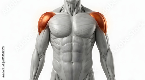 Anatomical illustration showing the upper torso of a person with highlighted deltoid muscles in orange color on a white background