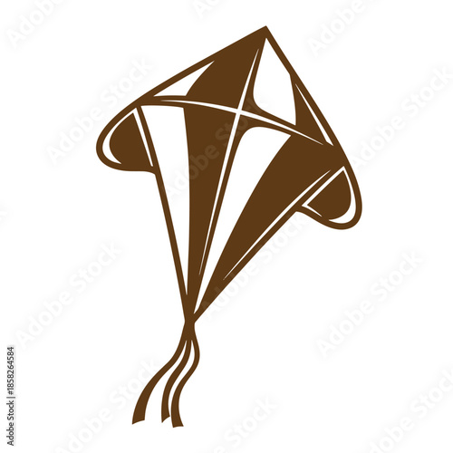 Vintage Brown kite icon with tail on white background for recreational flying sports