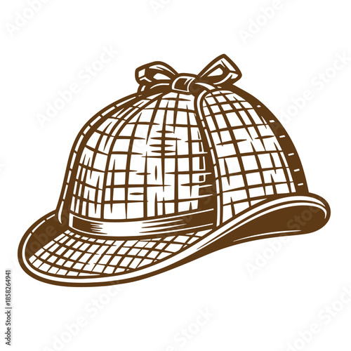 Vintage Brown plaid bowler hat with ribbon on transparent background