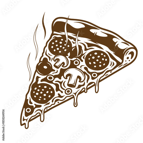 Vintage Brown pizza slice with mushrooms and pepperoni on white background