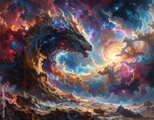 A cosmic dragon, formed from nebulae and starlight, weaves through vibrant celestial clouds above a desert landscape