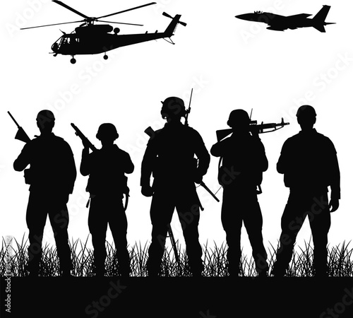 Silhouettes of soldiers with and military aircraft