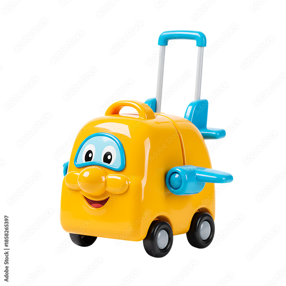 Naklejka premium Adorable yellow toy-like kids' rolling suitcase with a happy smiling face, blue goggles, and retractable handle.