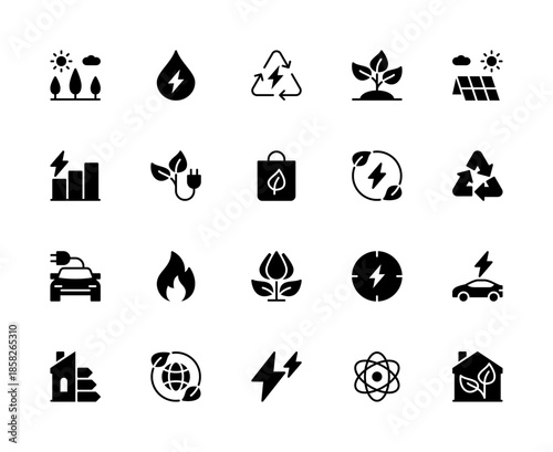 Energy saving vector silhouette icons set. Contains such energy saving icons as plant, sun, electricity, solar panels, graph, drop, fire and more.