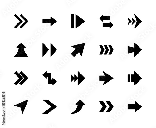Arrows related vector silhouette icons set. Contains such icons as arrow, direction, move, navigation, interface, next, load and more.