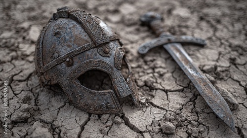 A weathered helmet and sword rest on parched earth, hinting at battles fought long ago. The metal shows age, a testament to time's passage and untold stories of warriors.