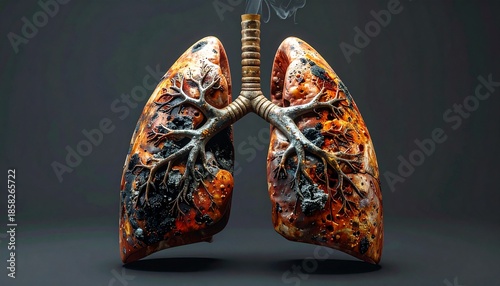 Human lungs with smoke. Damaged lung tissue. Respiratory system. Smoking effects. Health risks. Dark background. Medical illustration. Human anatomy. Lung damage. Vector illustration.