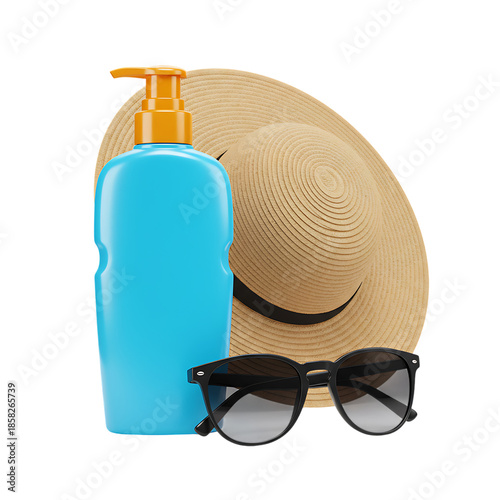 Light blue sunscreen lotion bottle with orange pump, straw hat, and black sunglasses for summer vacation.