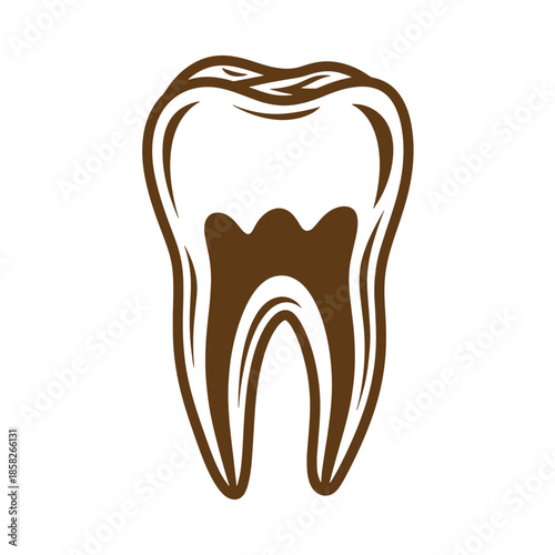 Vintage Brown tooth icon illustration with white outline on white background for dental health concepts