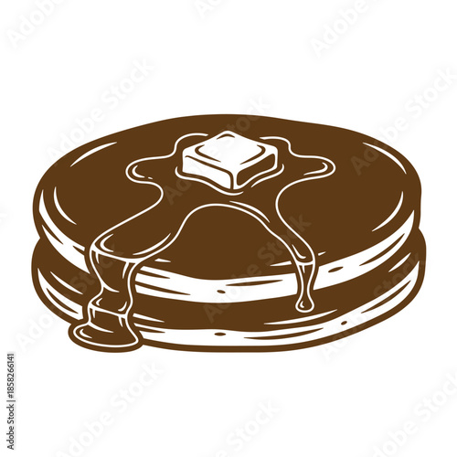 Vintage Brown syrup pouring on stack of pancakes with melting butter on top isolated on white background