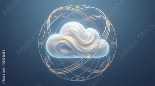 Abstract cloud computing concept with soft layered cloud and flowing digital orbit lines