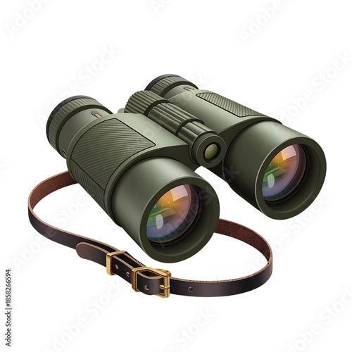 Dark olive green binoculars with a brown leather strap and gold buckle for nature observation.