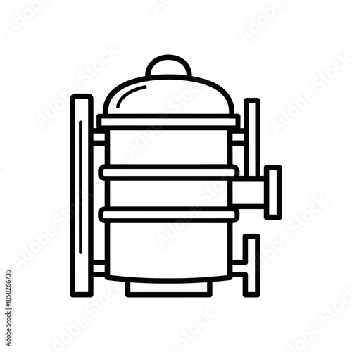 A black and white line art icon depicts an industrial water filter or processing unit, symbolizing purification and manufacturing processes.