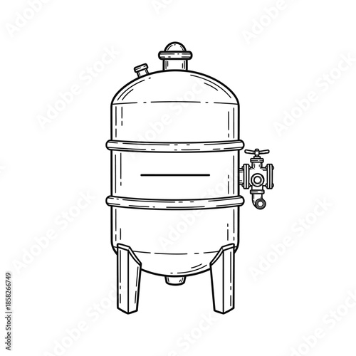 A detailed black and white line art illustration depicts a vintage-style industrial fermentation tank, ideal for brewing and various beverage processing designs.