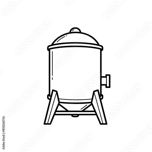 A simple black and white line art illustration depicts a fermentation tank, perfect for brewing beer, making wine, or other industrial processes.