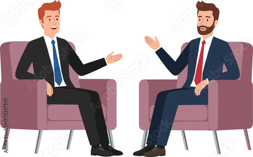 Two professional businessmen having friendly seated discussion vector illustration representing corporate interview negotiation partnership communication teamwork and modern business meeting concept