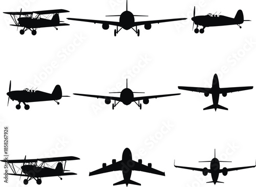 Six black silhouettes of different vintage airplanes