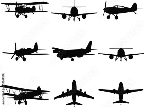Six Black Silhouettes of Various Airplanes aircraft
