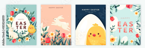 Happy easter vector background set. Spring greeting cards with easter bunny, eggs, chicken, flowers in modern cartoon style. Cute poster templates for packaging, decoration, social media post