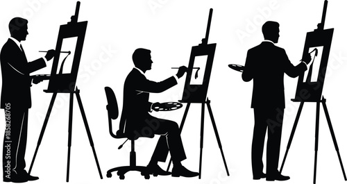 Three artists painting on easels silhouettes, men holding palettes and brushes, standing and sitting painters, isolated, cad drawing flat vector illustration