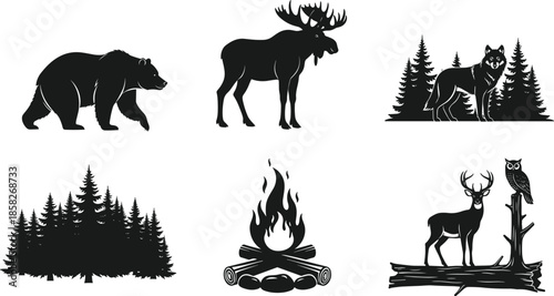 Wild animals silhouettes set, bear, moose, wolf, deer and owl in pine forest with campfire, isolated, cad drawing flat vector illustration
