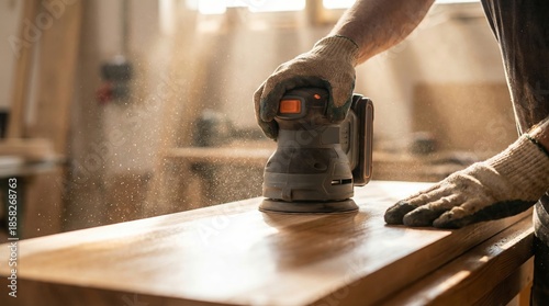 Craftsman sanding wooden tabletop with electric orbital sander in warm woodworking workshop light