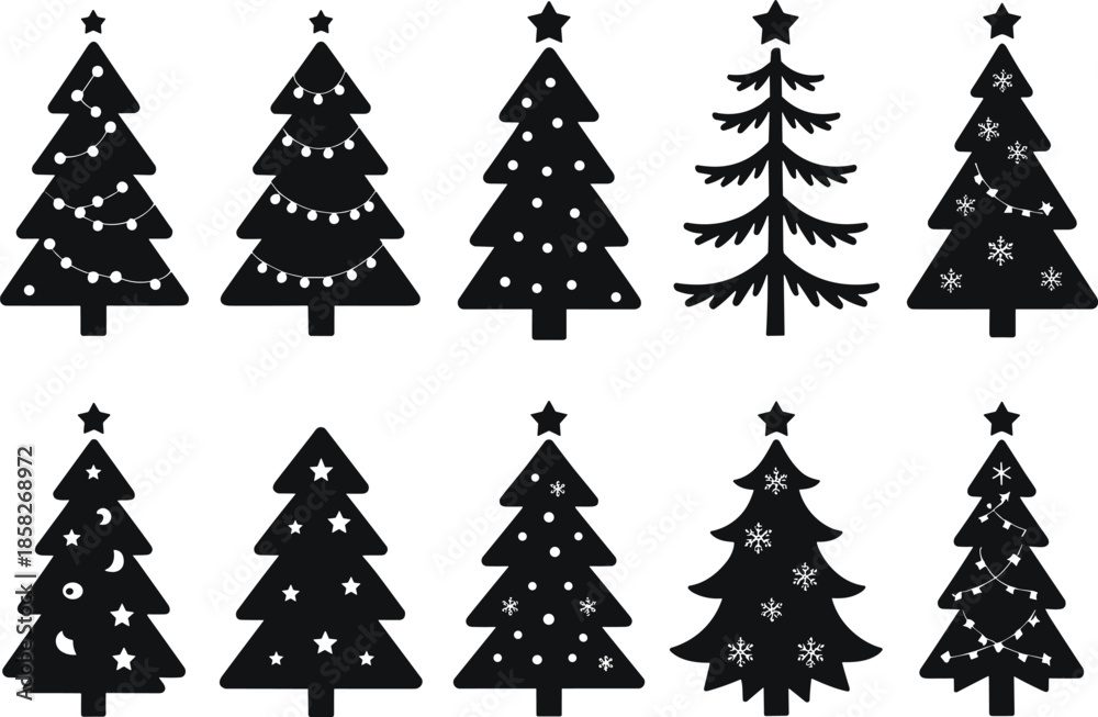 Obraz premium Ten Black Christmas Trees with Various Decorations